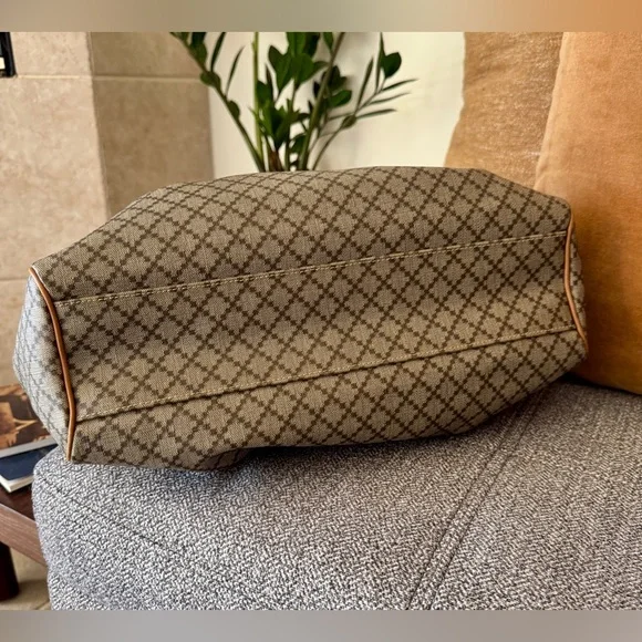 Designer-Style Brown Patterned Tote Bag with Tan Leather Trim - Picture 6 of 16